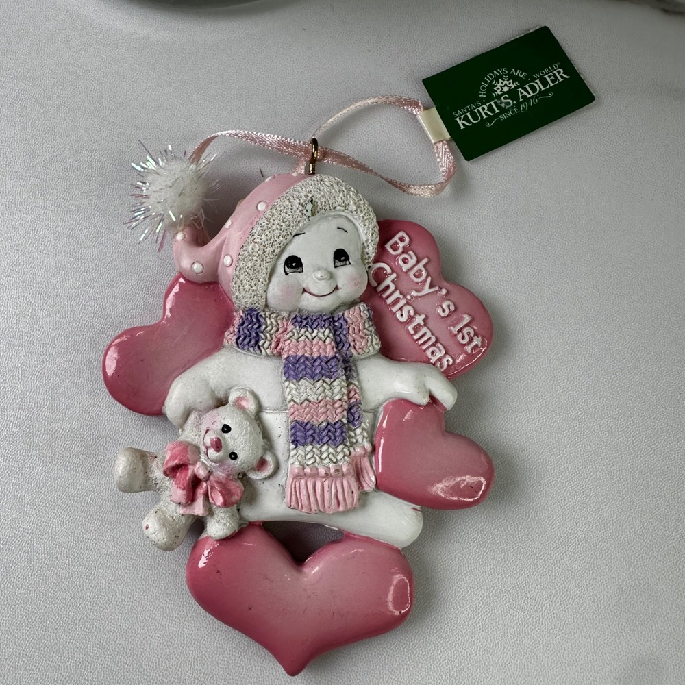 Kurt Adler Baby's 1st Christmas Snowman Ornament‎ Teddy Bear Hearts Pink